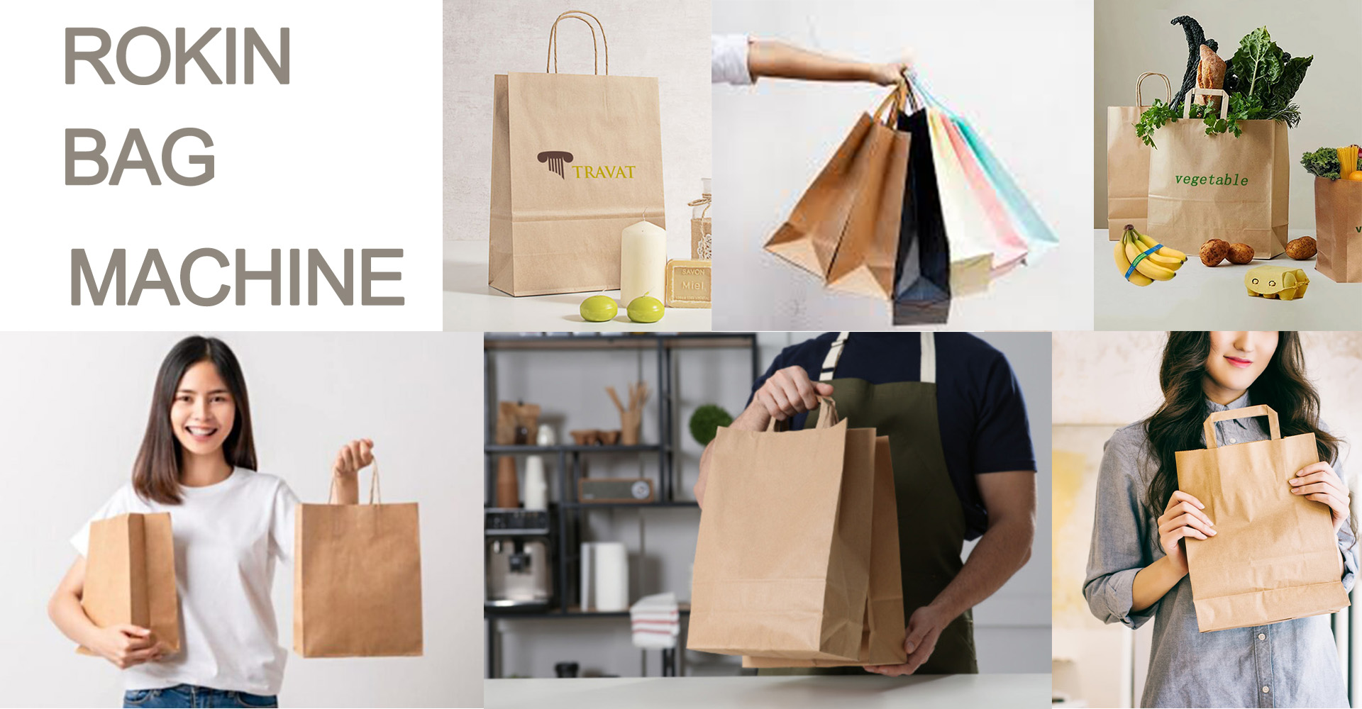 Varias muestras de bolsasVarias muestras de bolsas hechas con máquinas para fabricar bolsas de papel hechas con la máquina para fabricar bolsas de papel Rokin